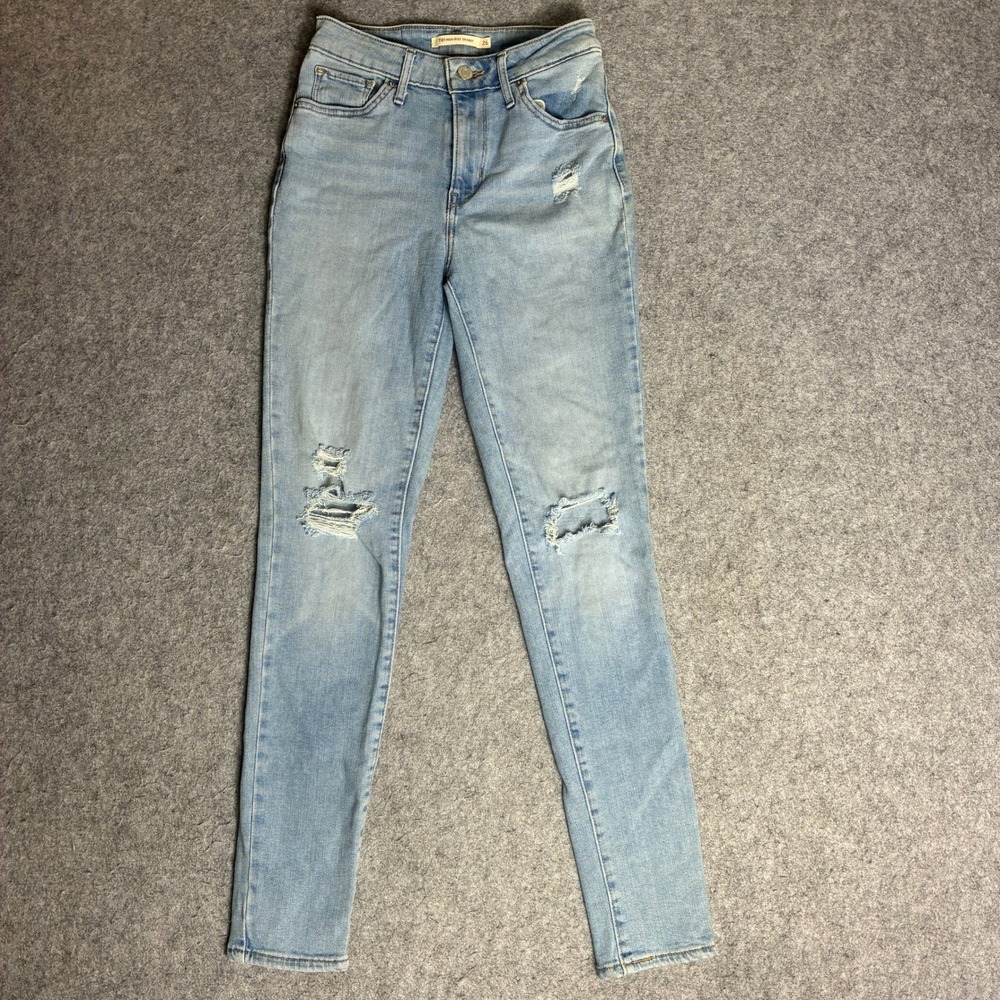 Levis 721 High Rise Skinny Jeans Size 26 24x29 Light Wash Distressed Blue Denim